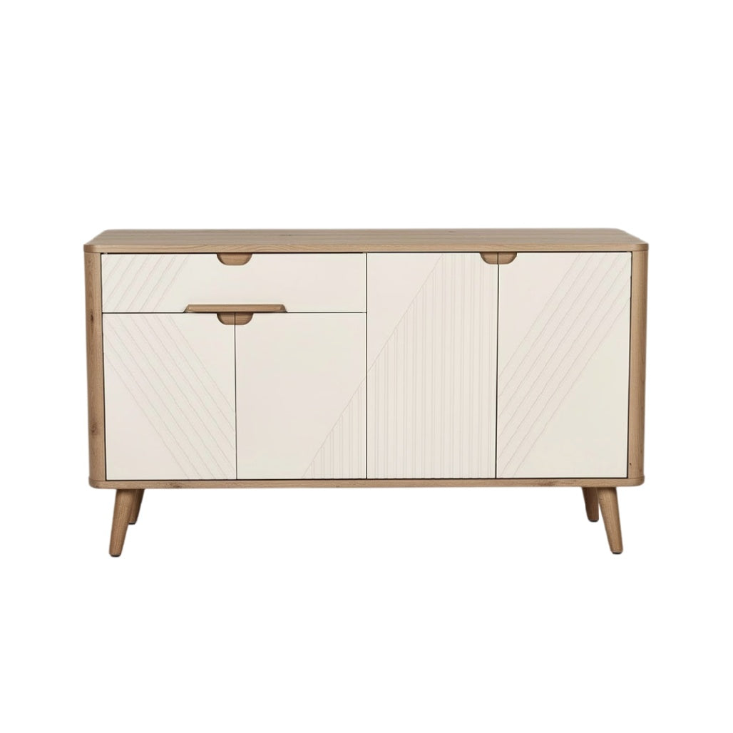 **Titre technique : Buffet en bois avec finitions blanches et motifs géométriques**
