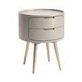 **Table de chevet moderne avec deux tiroirs, finition beige et pieds en métal doré**
