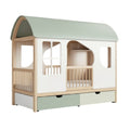 **Lit enfant en bois avec structure de maison et espaces de rangement intégrés**